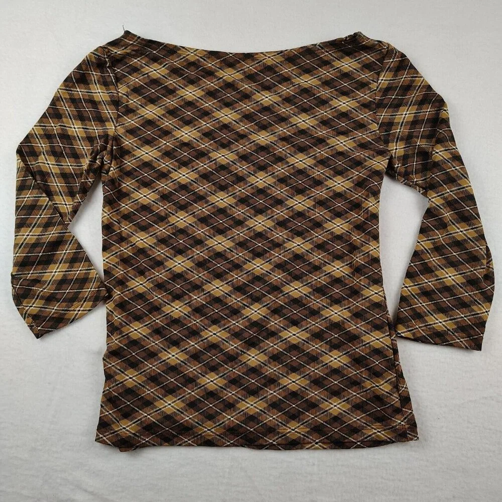 Zara Knitwear Shirt Brown Plaid 3/4 Sleeve Sz Medium - Picture 2 of 9